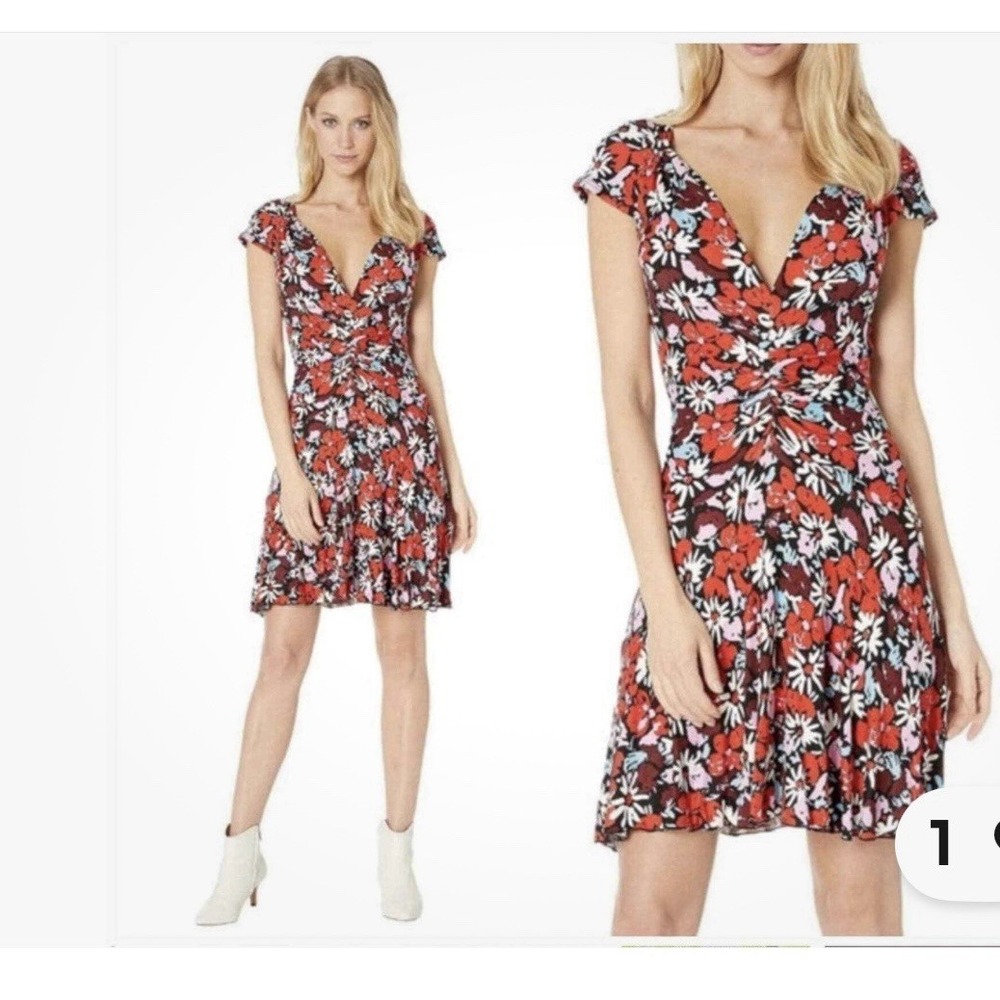 Free People Key To Your‎ Heart Red Floral Short Sleeve Mini Dress Size XS